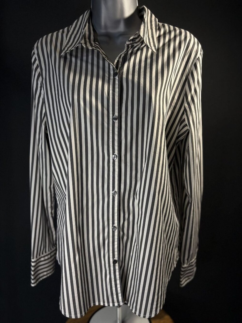 Worthington Button Up Collared Cuffed Long Sleeve Shirt Black White Striped (L) - Picture 2 of 16